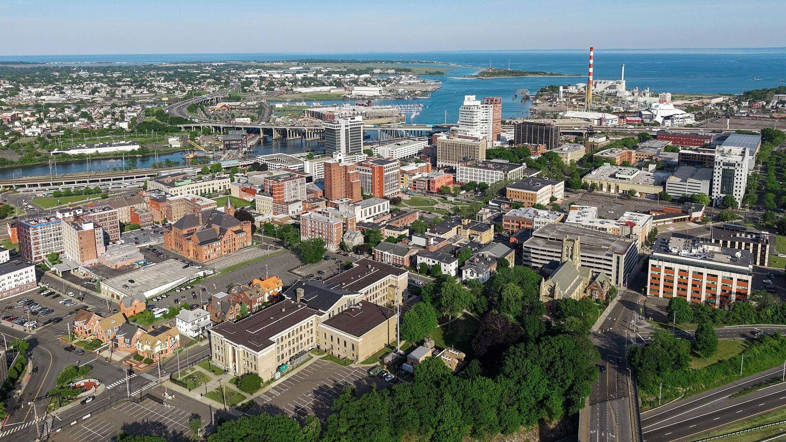 Downtown Bridgeport, Connecticut, and its harbor from above