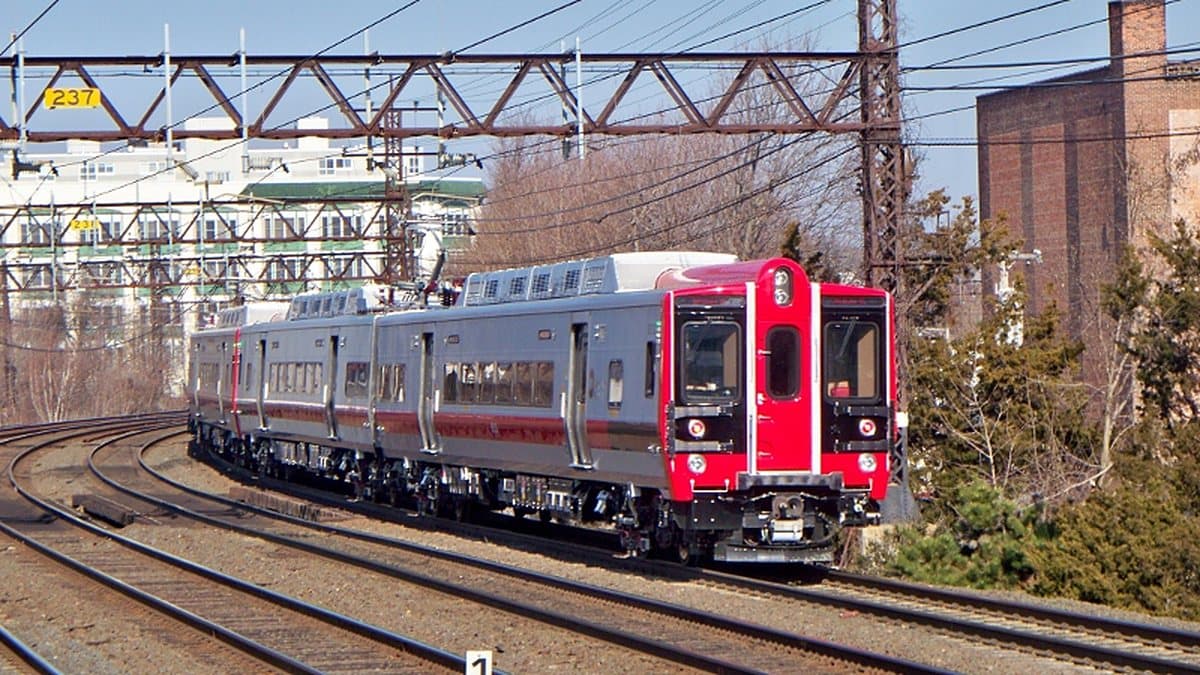 A Metro-North M8 train on the New Haven Line, which serves Bridgeport