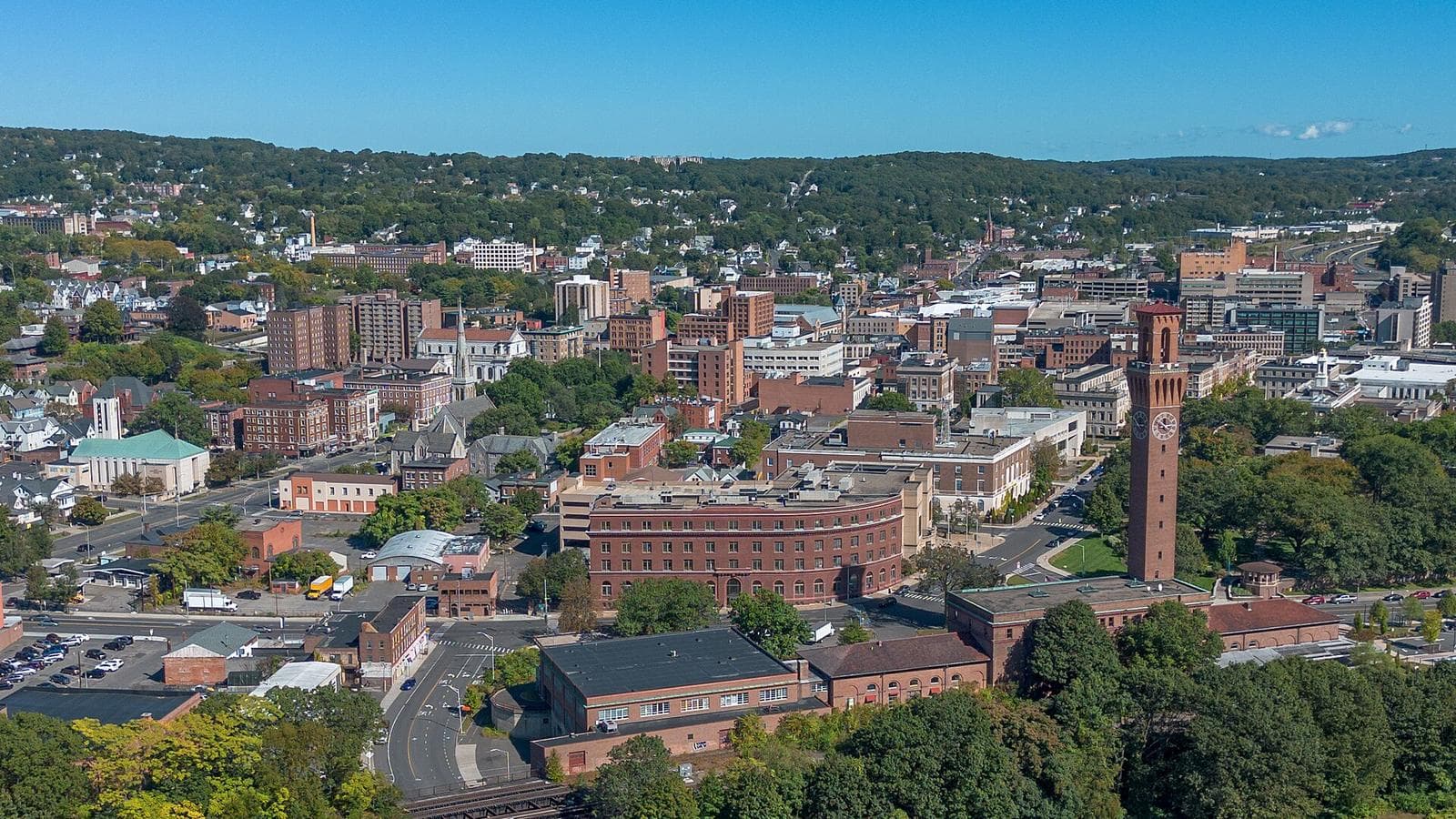 Downtown Waterbury, Connecticut, and the Union Station clock tower from above